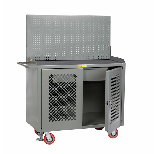 Mobile Bench, Perf Doors, 36"W, HD Drawer, Pegboard, Vinyl Mat